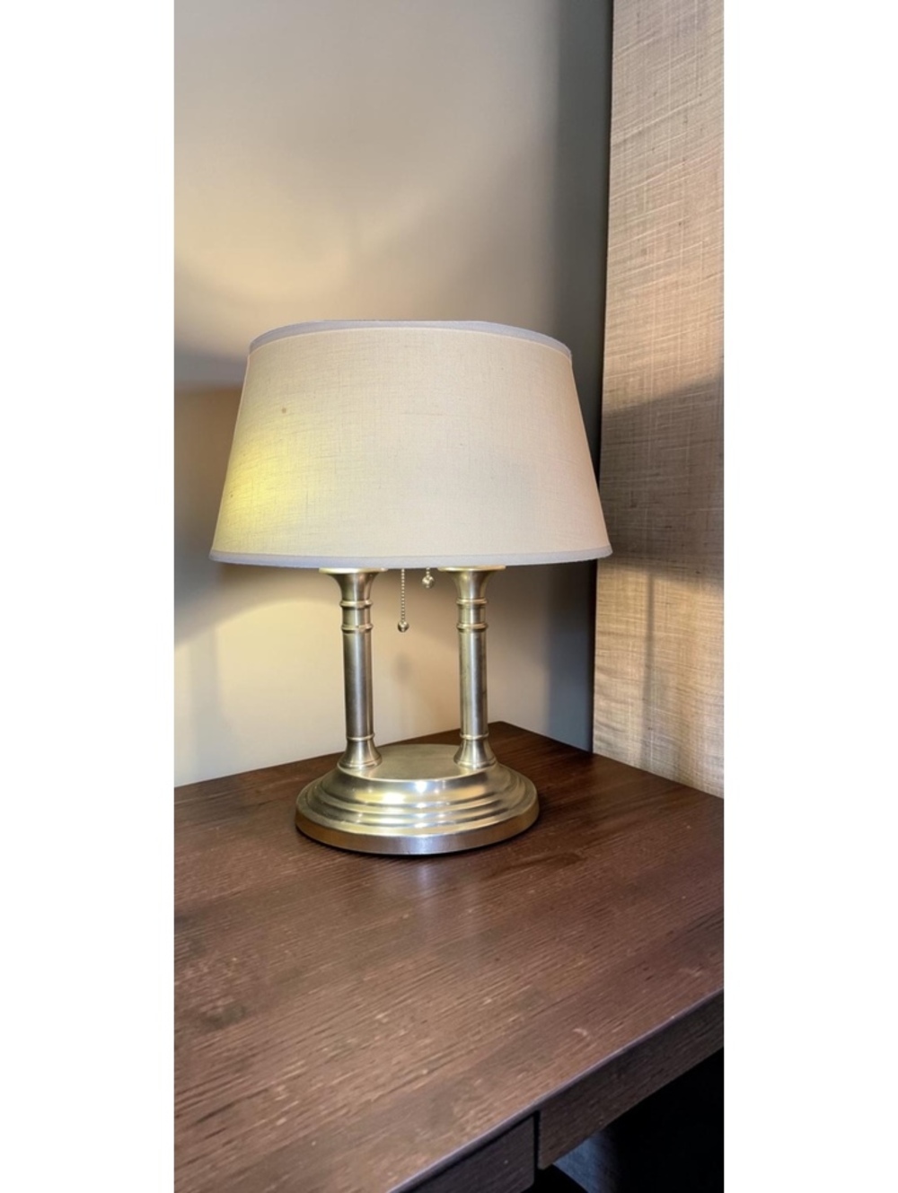 Vintage Pottery Barn Brushed Nickel Twin Column Table Lamp w/ Original Shade